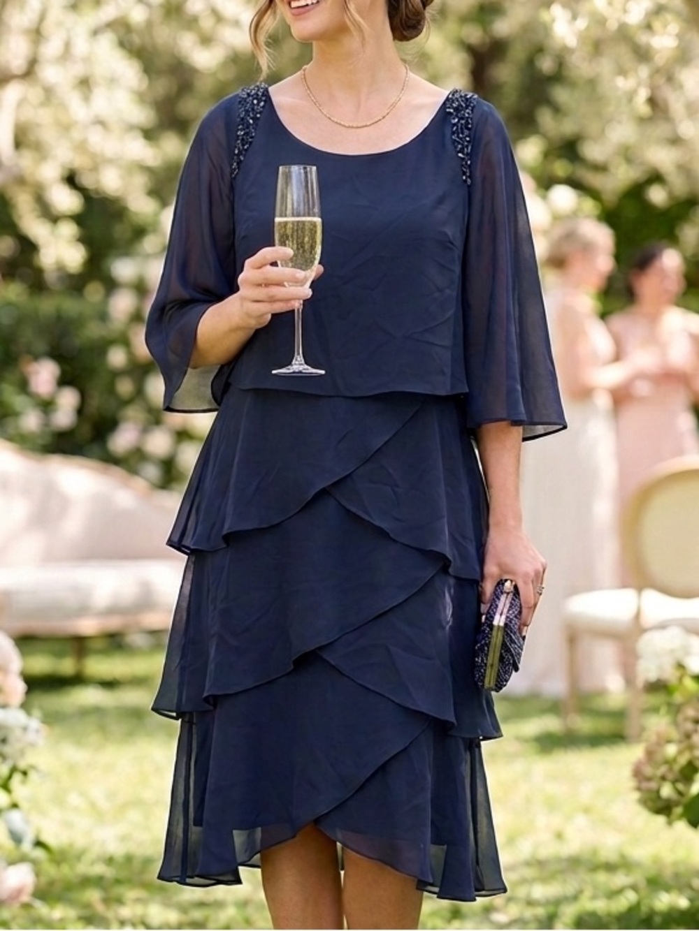 SLNY Beaded Tiered Chiffon Midi Dress 10 Event Wedding Guest Party